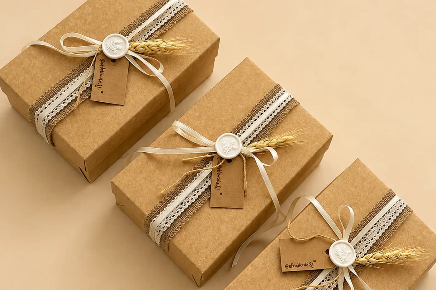 Tres cajas en papel kraft con lazo, encaje y espigas