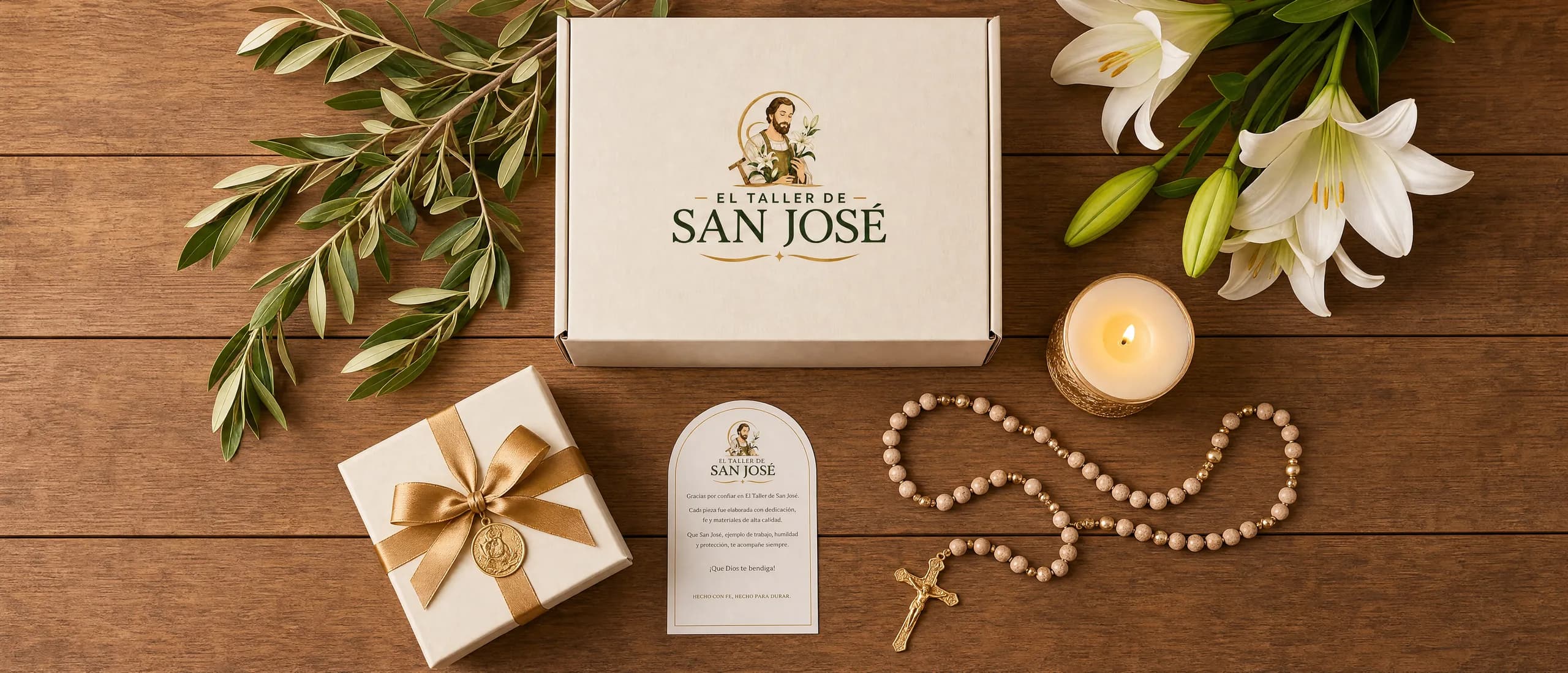 Caja de El Taller de San José junto a un rosario, una vela encendida, ramas de olivo y azucenas