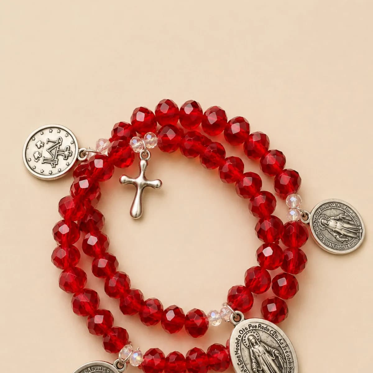 Rosario de mano cuatro medallas rojas